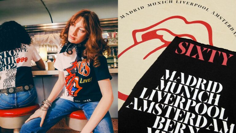 Model wearing a Rolling Stones T-shirt sitting at a retro diner, with a tour poster listing cities like Madrid, Munich, and Liverpool in the background